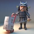 Noble Japanese samurai warrior with katana delivers cardboard boxes with his hand trolley, 3d illustration