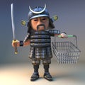 Noble Japanese samurai warrior with katana sword goes shopping with his basket, 3d illustration