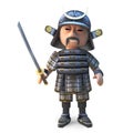 Noble Japanese samurai warrior stands ready with katana sword, 3d illustration