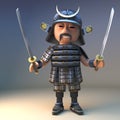 Noble Japanese samurai warrior wields two mighty katana blades, 3d illustration