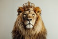 A noble lion wearing a regal golden crown poses for a royal-like portrait