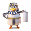 Noble penguin pharaoh Tutankhamun using an aerosol spraypaint can, 3d illustration Royalty Free Stock Photo