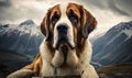 Noble Saint Bernard dog with soulful eyes against a dramatic alpine landscape under a moody sky