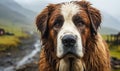 Noble Saint Bernard dog with soulful eyes against a dramatic alpine landscape under a moody sky