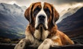 Noble Saint Bernard dog with soulful eyes against a dramatic alpine landscape under a moody sky