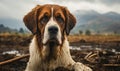 Noble Saint Bernard dog with soulful eyes against a dramatic alpine landscape under a moody sky