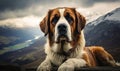 Noble Saint Bernard dog with soulful eyes against a dramatic alpine landscape under a moody sky