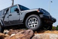 Jeep Wrangler on display at a Chrysler Jeep dealership. The Stellantis subsidiaries of FCA are Chrysler, Dodge, Jeep, and Ram Royalty Free Stock Photo