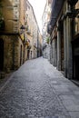 Nobody on a famous old town cobble stone narrow straight street in Girona