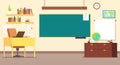 Nobody school classroom interior with teachers desk and blackboard vector illustration Royalty Free Stock Photo