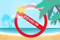 Nobody under the palm tree on Seashore. Stop risk. Holidays. Vacation trip. Stop Covid-19. Spread prevention. Stay home