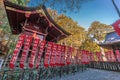 Nobori Banners at Togu Honden (East Hall) of Kitaguchi Hongu Fuji Sengen Jinja shinto shrine. North side entrance of Mount Fuji