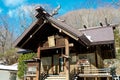 Cultural architecture sculpture of Japanese stone lion and lantern at YUZAWA shrine