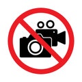 No photography camera and video record sign, Taking pictures and recording not allowed, Prohibition symbol sticker for area places