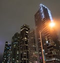 Nocturnal architecture. Skyscrapers lit up in Miami, USA. Illuminated architecture. Night city