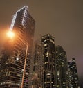 Nocturnal architecture. Skyscrapers lit up in Miami, USA. Illuminated architecture. Night city