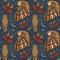 Nocturnal Birds and Animals Seamless Pattern