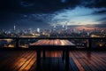 Nocturnal cityscape Blurred sky, wooden table adorned by distant building lights