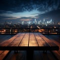 Nocturnal cityscape Blurred sky, wooden table adorned by distant building lights