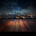 Nocturnal cityscape Blurred sky, wooden table adorned by distant building lights