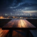 Nocturnal cityscape Blurred sky, wooden table adorned by distant building lights
