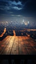 Nocturnal cityscape Blurred sky, wooden table adorned by distant building lights