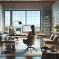 Comfortable organized home office space with computer where a female person is working diligently