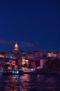 A nocturnal glimpse impressive view of the Galata district, Istanbul, Turkey