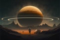 A nocturnal landscape depicts a man standing on a vintage car, gazing at a planet with rings adorning the horizon. Fantasy concept