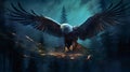 Nocturnal Majesty: Eagle Soaring Through Moonlit Forest Canopy