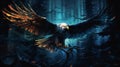 Nocturnal Majesty: Eagle Soaring Through Moonlit Forest Canopy