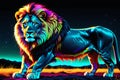 Nocturnal Majesty: Neon-Lit Lion Basking in Eerie Luminescence with Vivid Spectrum Radiating from its Mane