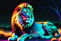 Nocturnal Majesty: Neon-Lit Lion Basking in Eerie Luminescence with Vivid Spectrum Radiating from its Mane