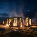 Nocturnal Mystique: Stonehenge\'s Enigmatic Night with Central Fire Glow