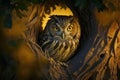 nocturnal owl roosting in tree with its eyes fixed on the surroundings