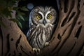 nocturnal owl roosting in tree with its eyes fixed on the surroundings