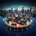 A nocturnal panorama of a smart city: illuminated streets and buildings with vibrant data streams circling above in a display of Royalty Free Stock Photo