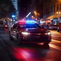 Nocturnal patrol Police car lights flash on the city streets Royalty Free Stock Photo