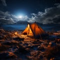 Nocturnal shelter Tent stands amidst darkness, a haven under the starry sky