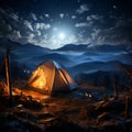 Nocturnal shelter Tent stands amidst darkness, a haven under the starry sky