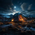 Nocturnal shelter Tent stands amidst darkness, a haven under the starry sky