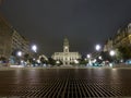 nocturnal view of the front faÃ§ade of Porto City Hall, Avenida dos Aleados.