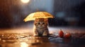 Nocturnal Whiskers, A Kitten with Yellow Umbrella in Rainy Cityscape