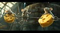 In a nod to the movie Mission Impossible the mice are shown dangling from a rope trying to avoid laser beams and reach Royalty Free Stock Photo