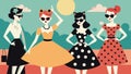 A nod to the 50s with fullskirted dresses and polka dot patterns paired with classic cateye sunglasses.. Vector Royalty Free Stock Photo