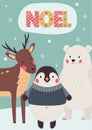 noel christmas card with cute winter animals turquoise background