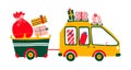 Noel postcard with retro cartoon minivan with trailer. Car with sack, shopping and gifts for Christmas. Vector