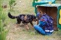 Female handler trains a search-and-rescue dog to locate missing people