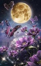 NoIn the sky the big splendid luminous moon hanging stars and purple flowers purple butterflies flying Royalty Free Stock Photo