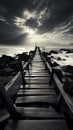 Noir coastal scene, Fishing jetty depicted in evocative black and white tones